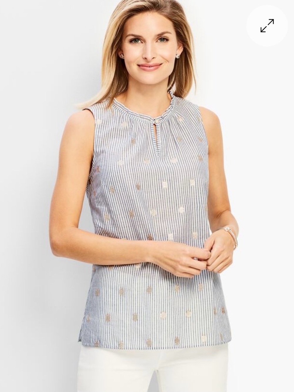 Talbots Striped Sleeveless Keyhole Top with Metallic Gold Dots